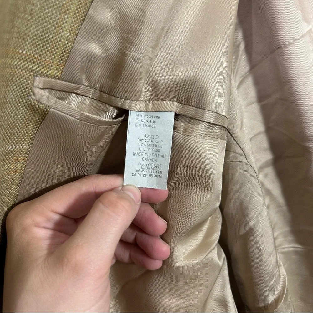 Lauren Ralph Lauren Wool Silk Linen Blend Tan Brown Plaid Blazer Jacket